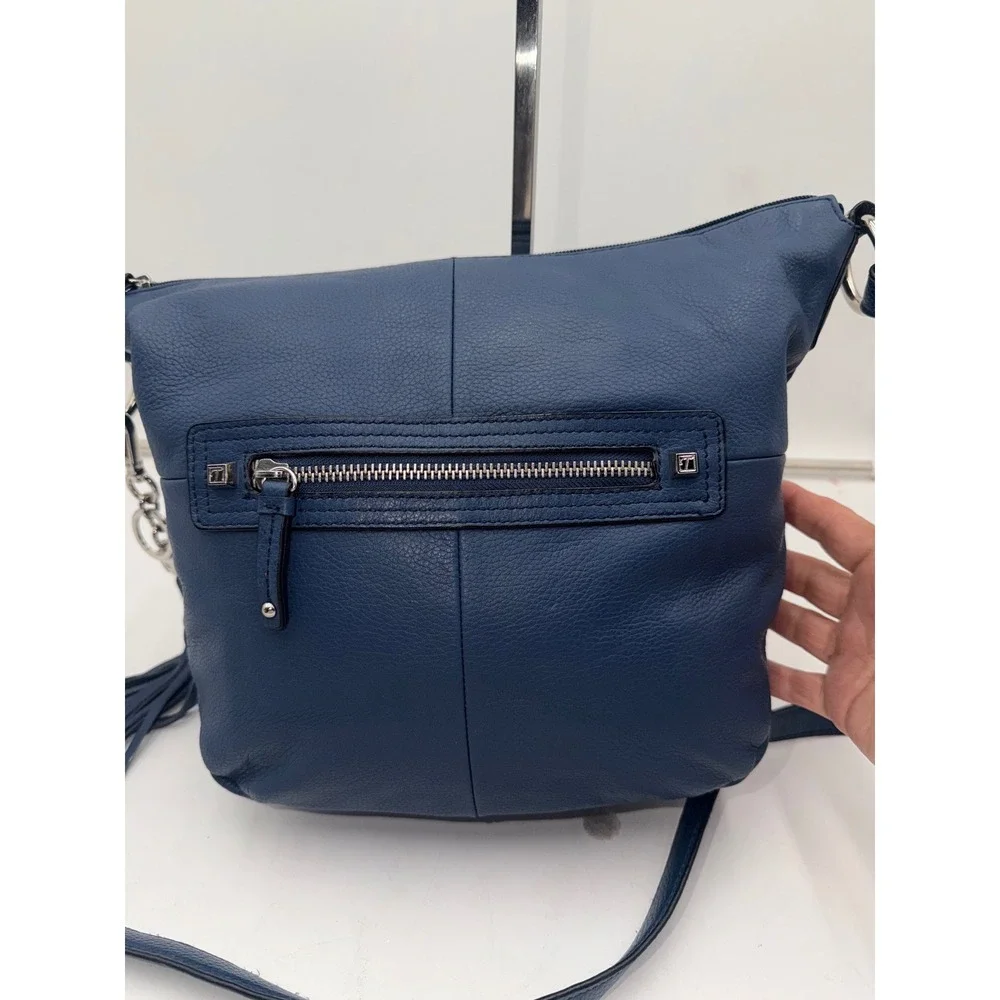Tignanello Bright Navy Blue Pebbled Leather Crossbody Bag with Tassel Accent